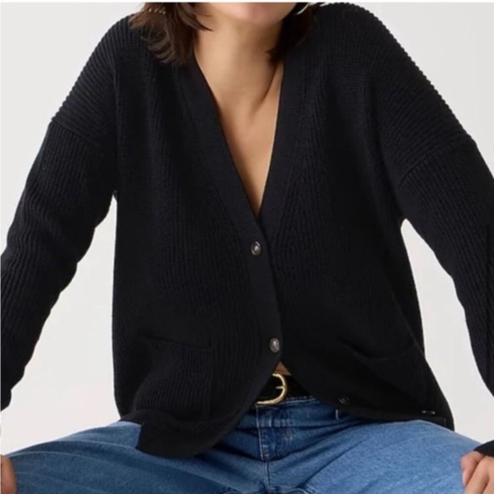 J. Crew Black V-neck Cardigan Sweater Women's XL Chunky Cotton Cashmere AX752